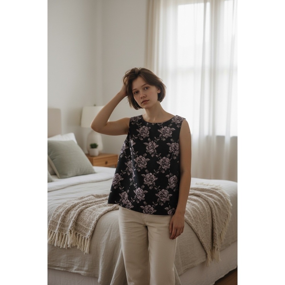 Talbots Woman Black Pink Floral Jacquard Shell Top Sleeveless Blouse 16W RoseEUC
